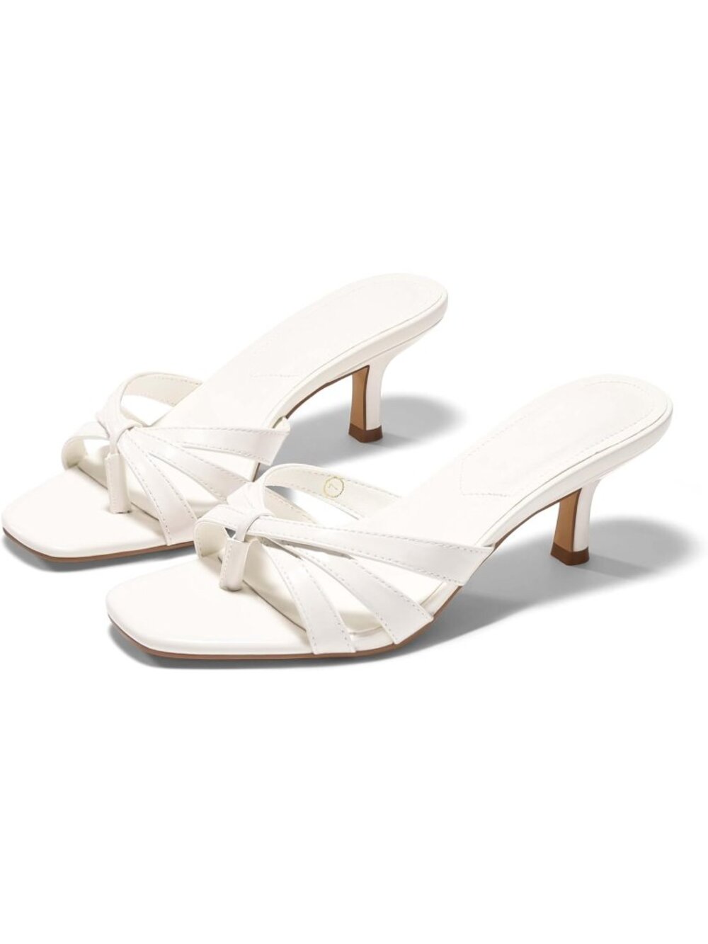 Women's White Faux Leather Square Open Toe Flip Flop Slip On Strappy Kitten Heel